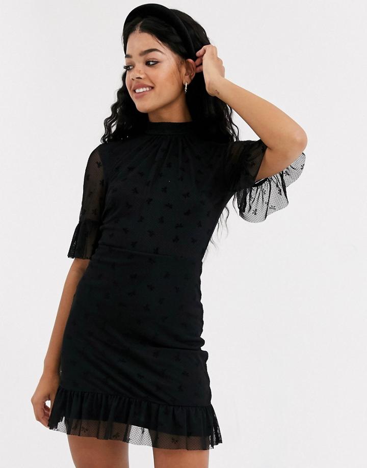 Miss Selfridge Bow Mesh High Neck Dress In Black