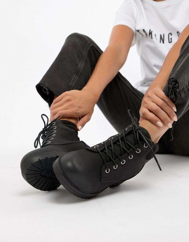 New Look Lace Up Biker Flat Ankle Boot - Black
