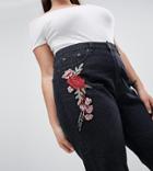 Liquor N Poker Plus Boyfriend Jean With Stepped Hem And Rose Embroidery - Black