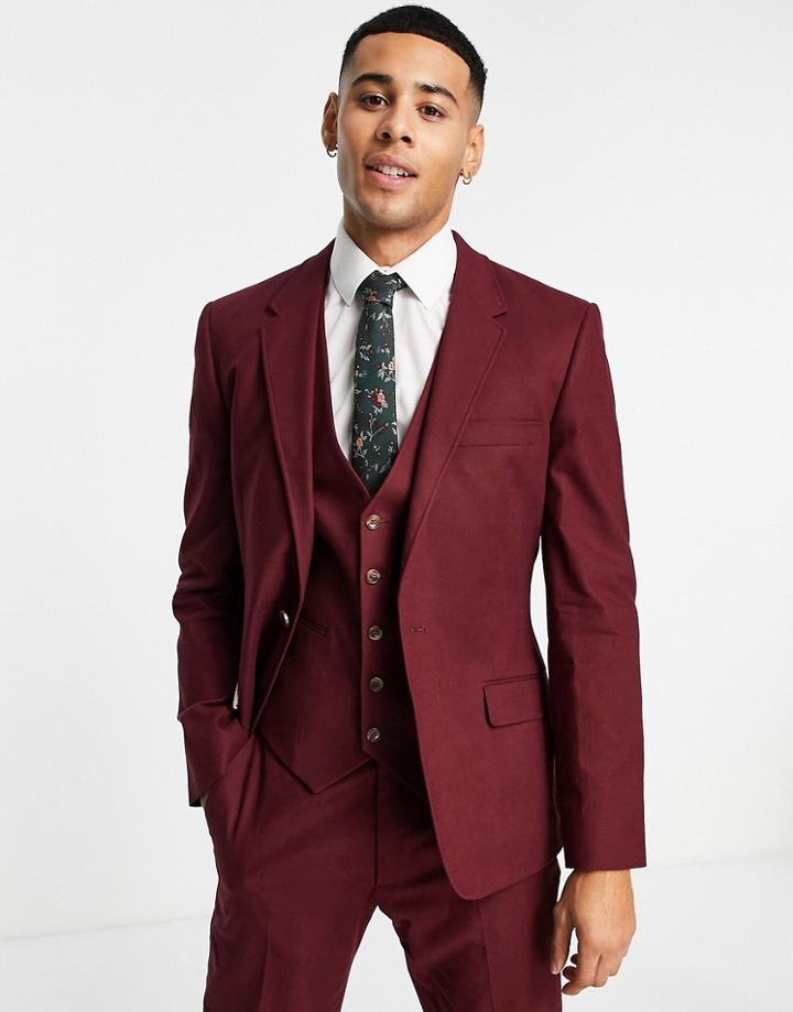Asos Design Skinny Linen Mix Suit Jacket In Burgundy-red