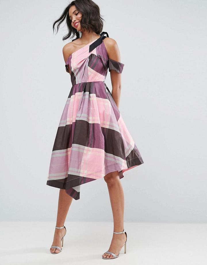 Asos Stripe Checked 80s One Shoulder Prom Dress - Multi