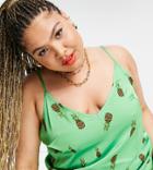 Never Fully Dressed Plus Satin Cami Top In Green Leopard Pineapple Print - Part Of A Set
