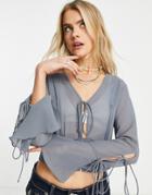 Weekday Recycled Polyester Tie Front Sheer Blouse In Blue