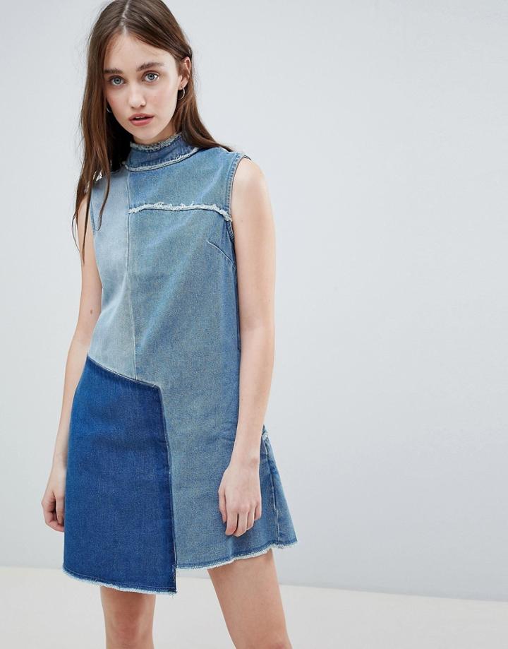 Waven Christa Patchwork High Neck Denim Dress - Blue