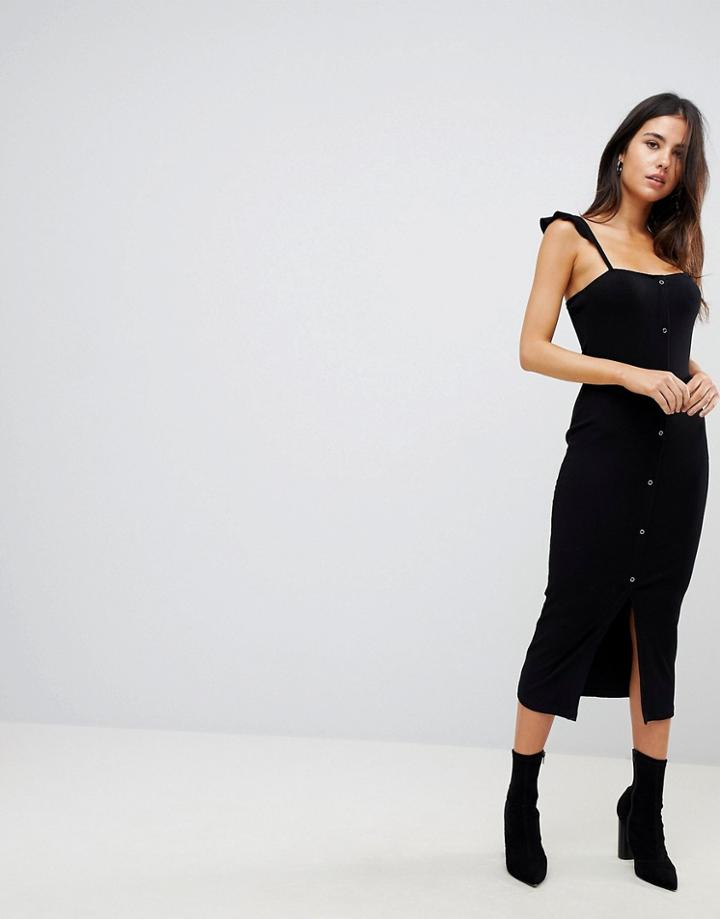 Asos Midi Tank Dress With Frill Straps And Popper Placket - Black