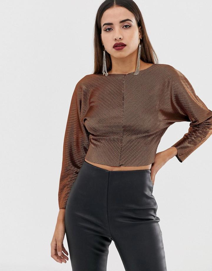 Asos Design Batwing Top In Metallic Plisse-gold