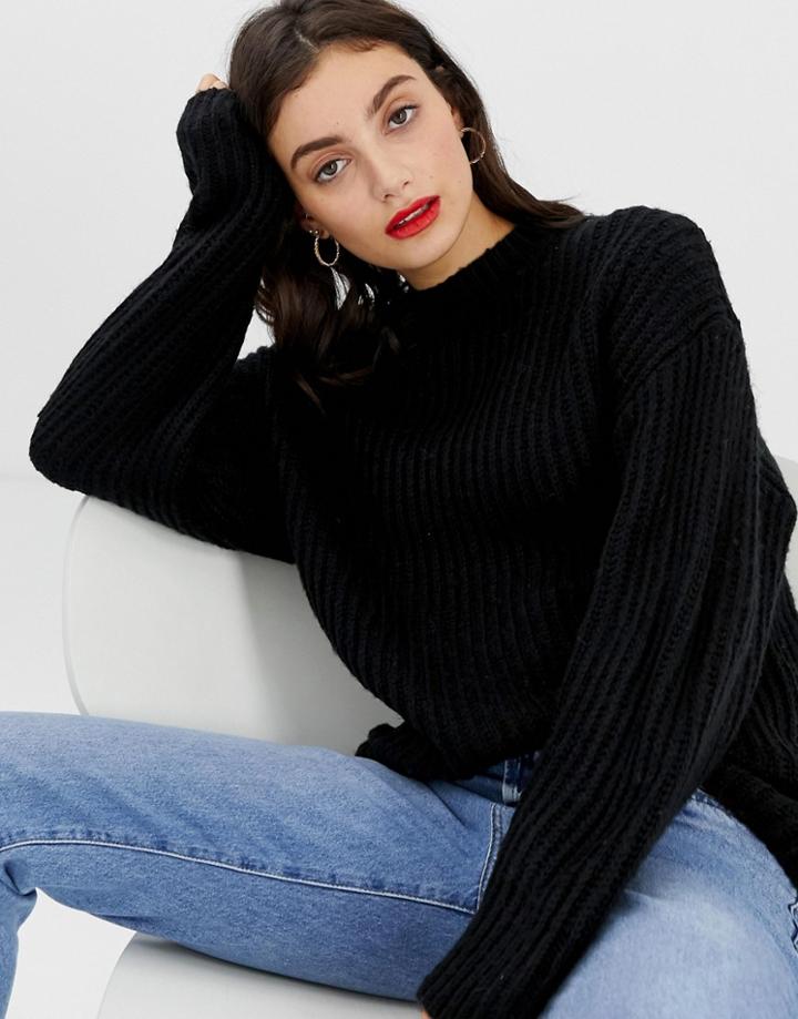 Asos Design Chunky Sweater In Rib With Crew Neck-black