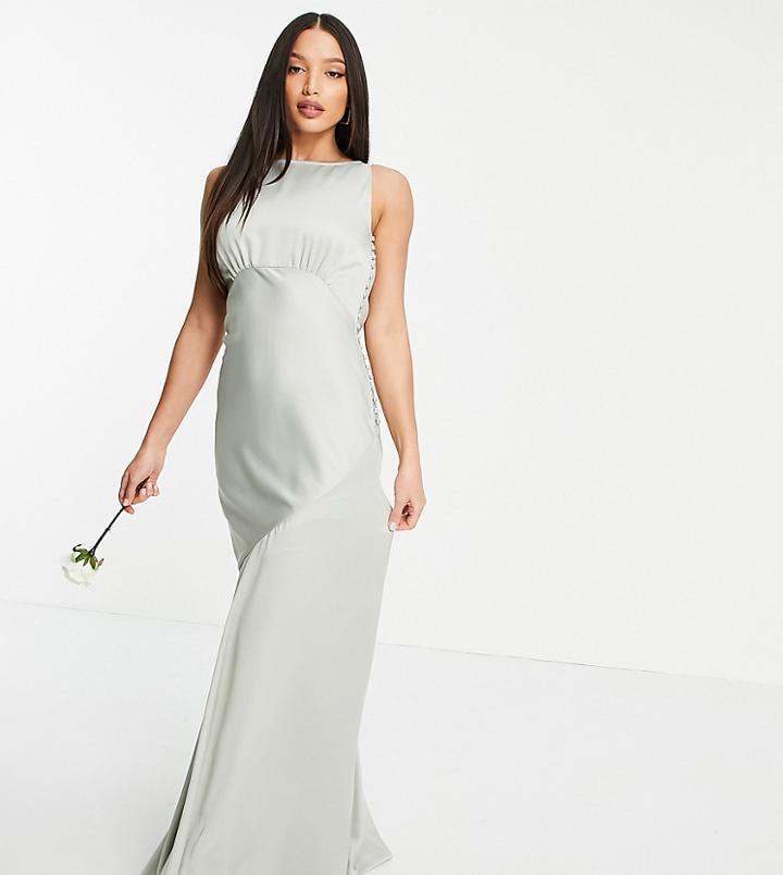 Asos Design Tall Bridesmaid Cowl Back Satin Maxi Dress With Side Button Detail-green