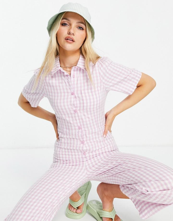 Monki Samantha Organic Cotton Button Up Puff Sleeve Jumpsuit In Pink Gingham