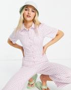 Monki Samantha Organic Cotton Button Up Puff Sleeve Jumpsuit In Pink Gingham