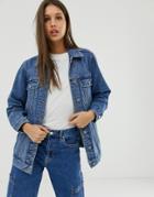 Asos Design Denim Girlfriend Jacket In Washed Blue - Blue