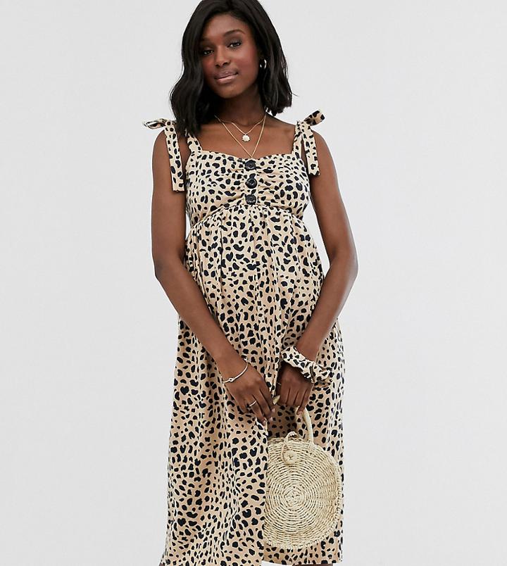 Asos Design Maternity Leopard Print Midi Button Front Sundress With Matching Scrunchie - Green