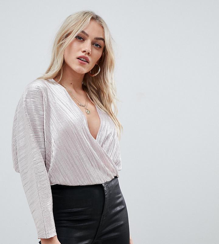 Asos Design Petite Wrap Top In Metallic Plisse With Batwing Sleeve - Pink