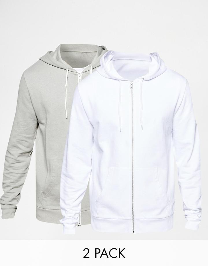 Asos Zip Up Hoodie 2 Pack Grey Marl/ White Save 17%