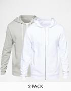 Asos Zip Up Hoodie 2 Pack Grey Marl/ White Save 17%