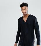 Asos Tall Regular Fit Longline Viscose Shirt With V Neck In Black - Black