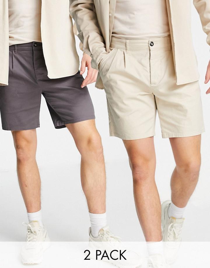 Asos Design 2 Pack Cigarette Chino Shorts In Charcoal And Beige Save-multi