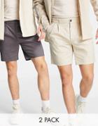 Asos Design 2 Pack Cigarette Chino Shorts In Charcoal And Beige Save-multi