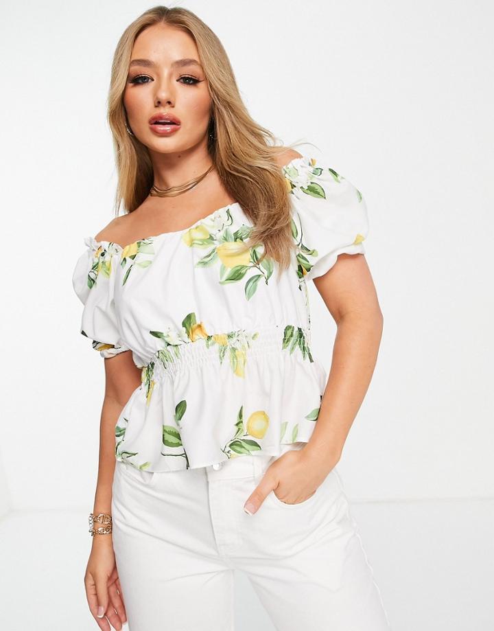 In The Style X Stacey Solomon Puff Sleeve Ruched Top In Summer Lemon Print-multi