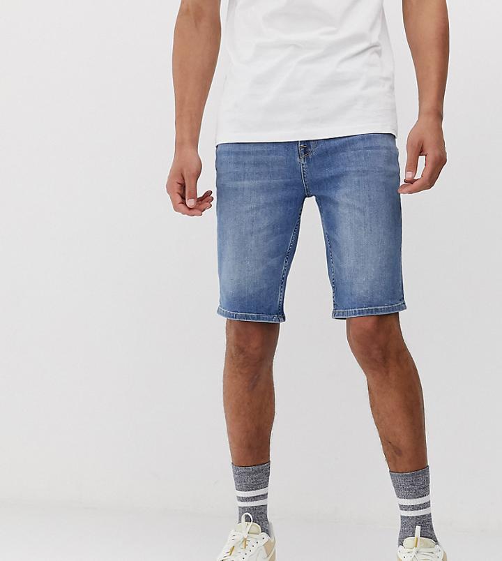 Asos Design Tall Denim Shorts In Skinny Mid Wash Blue