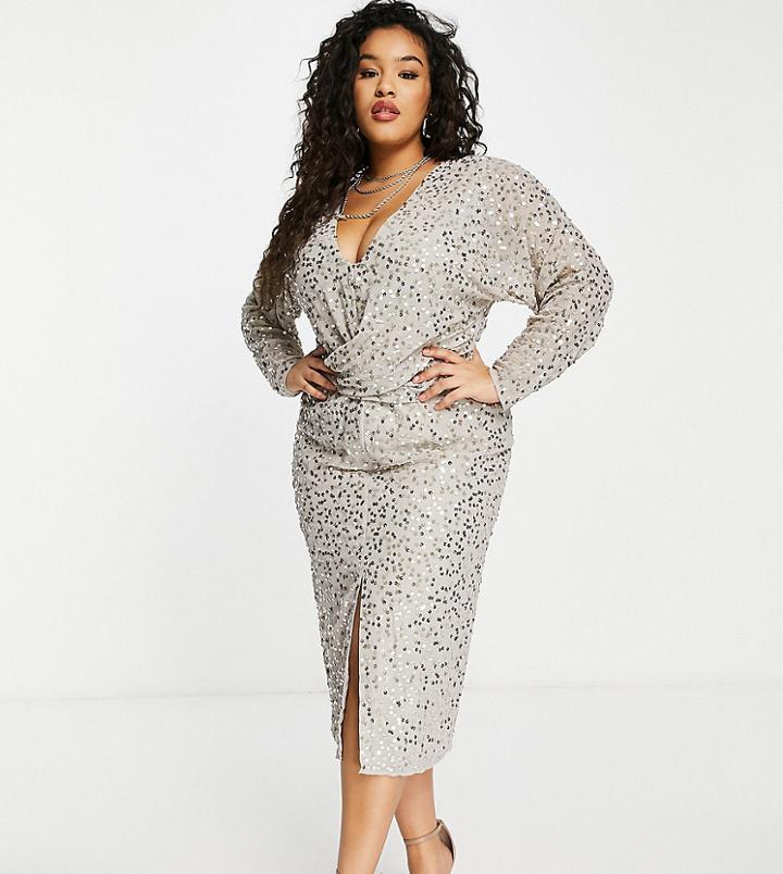 Asos Design Curve Midi Dress With Batwing Sleeve And Wrap Waist In Scatter Sequin-gold