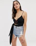 Asos Design Crop Top With Tie And Ring Detail-black