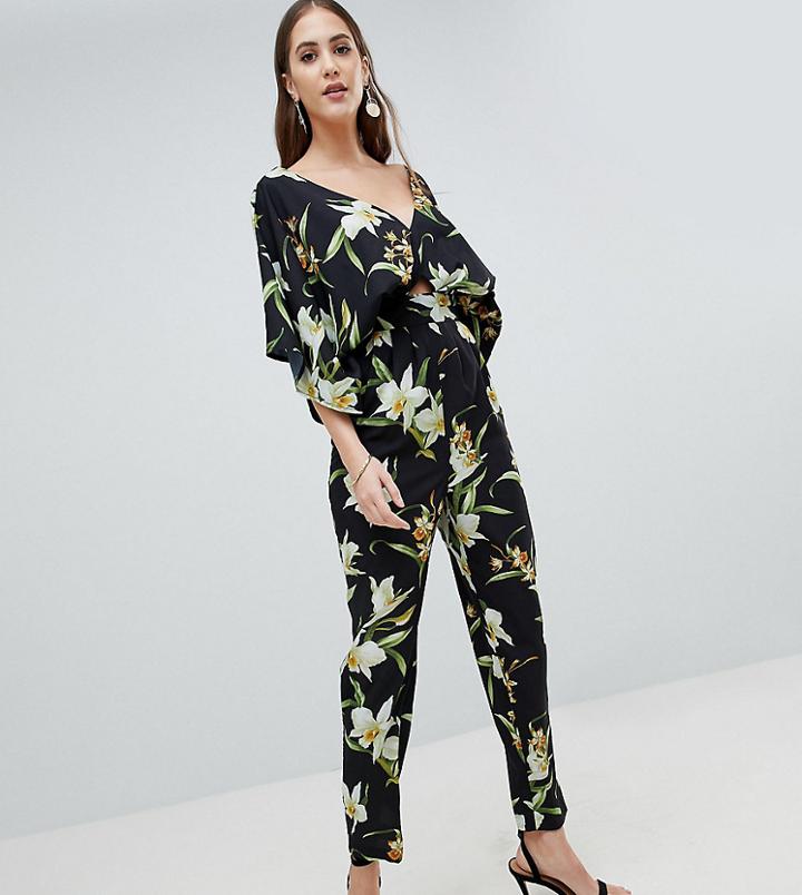Asos Design Tall Jumpsuit With Kimono Sleeve And Peg Leg In Lily Print - Black