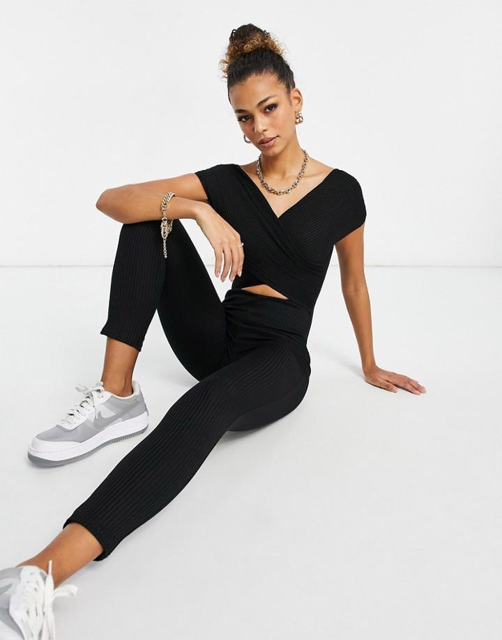 Asos Design Ribbed Off-the-shoulder Unitard Jumpsuit In Black