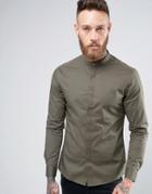 Asos Skinny Shirt In Khaki With Grandad Collar And Gunmetal Popper - G