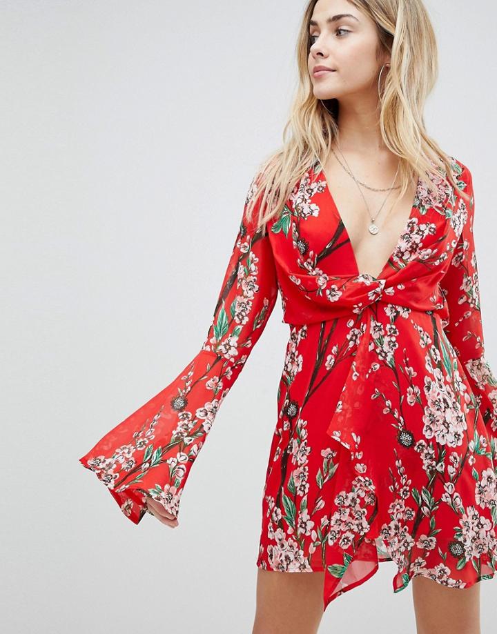 Boohoo Kimono Sleeve Floral Mini Dress - Red
