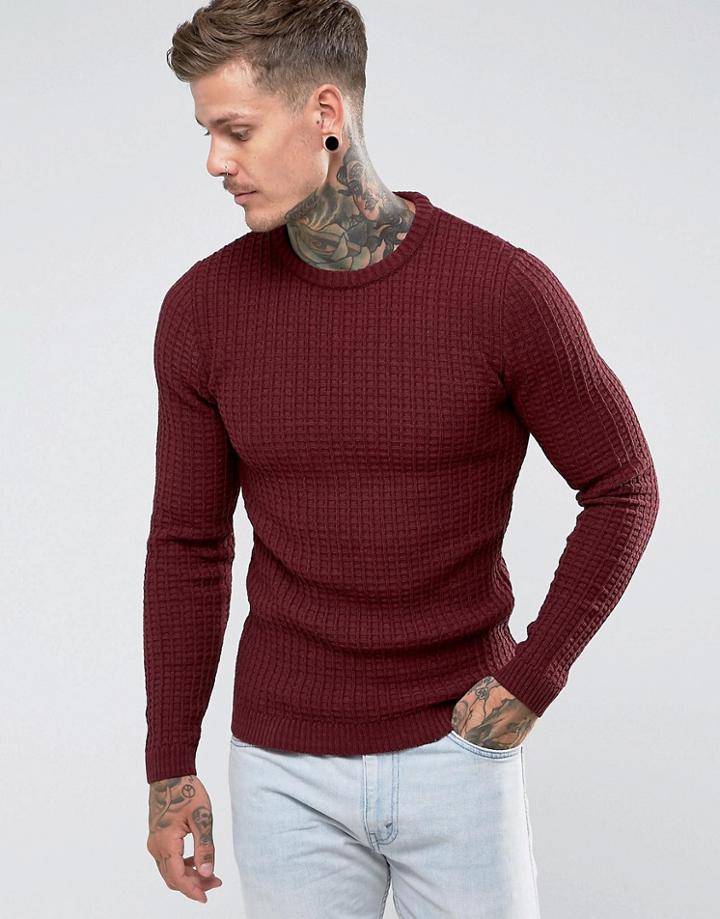 Asos Textured Crew Neck Sweater In Burgundy - Purple