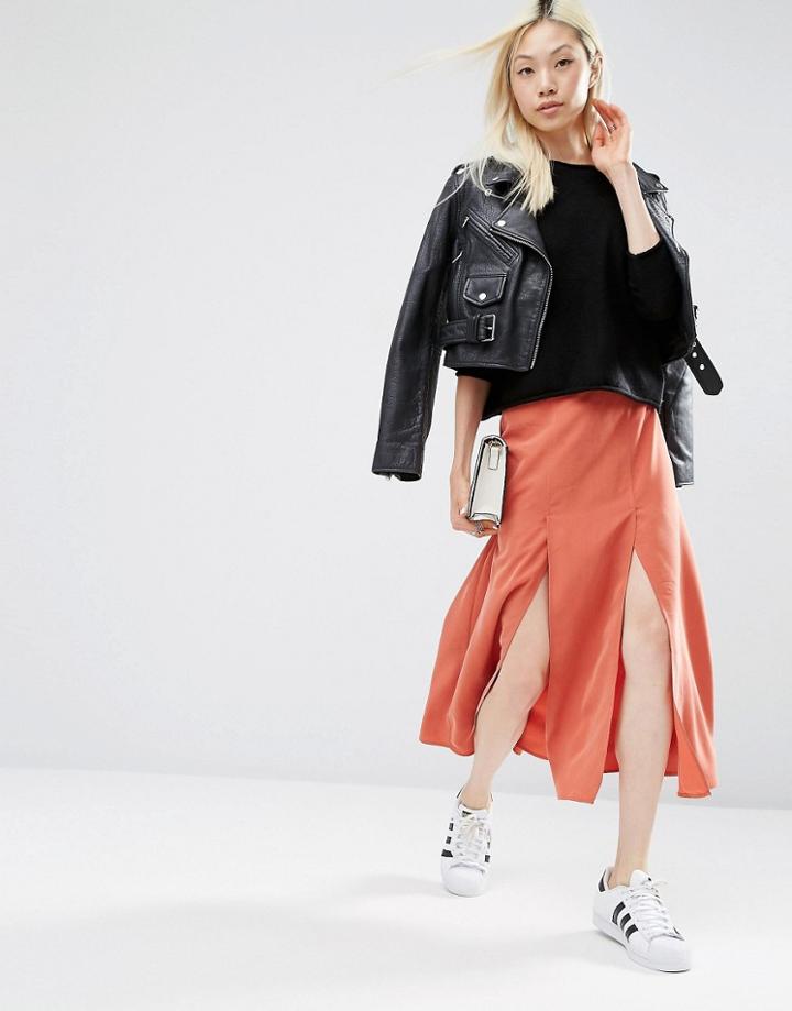 Asos Soft Midi Skirt With Splices - Rust
