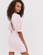 Asos Design Denim Puff Sleeve Back Detail Mini Dress - Pink
