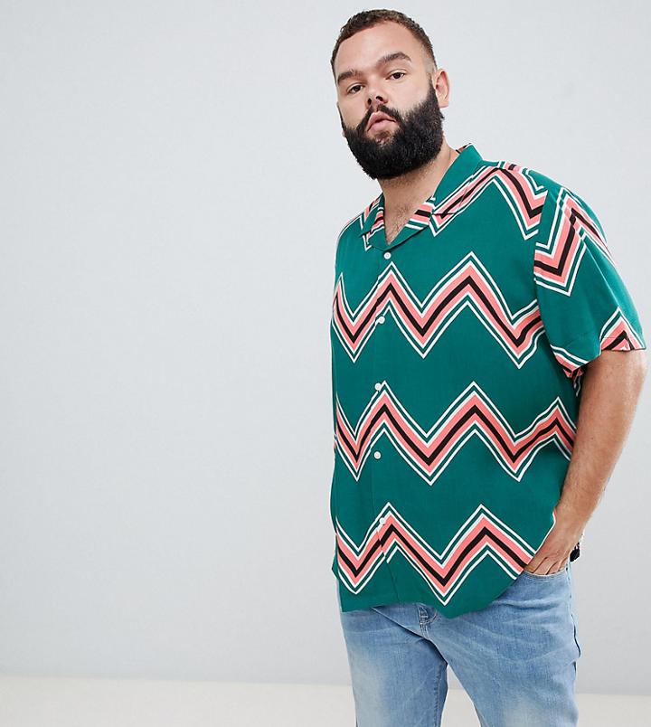 Asos Design Plus Oversized Chevron Stripe Shirt In Green & Pink With Revere Collar - Green