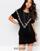 Reclaimed Vintage Oversized T-shirt Dress With Pom Pom V Detail - Black