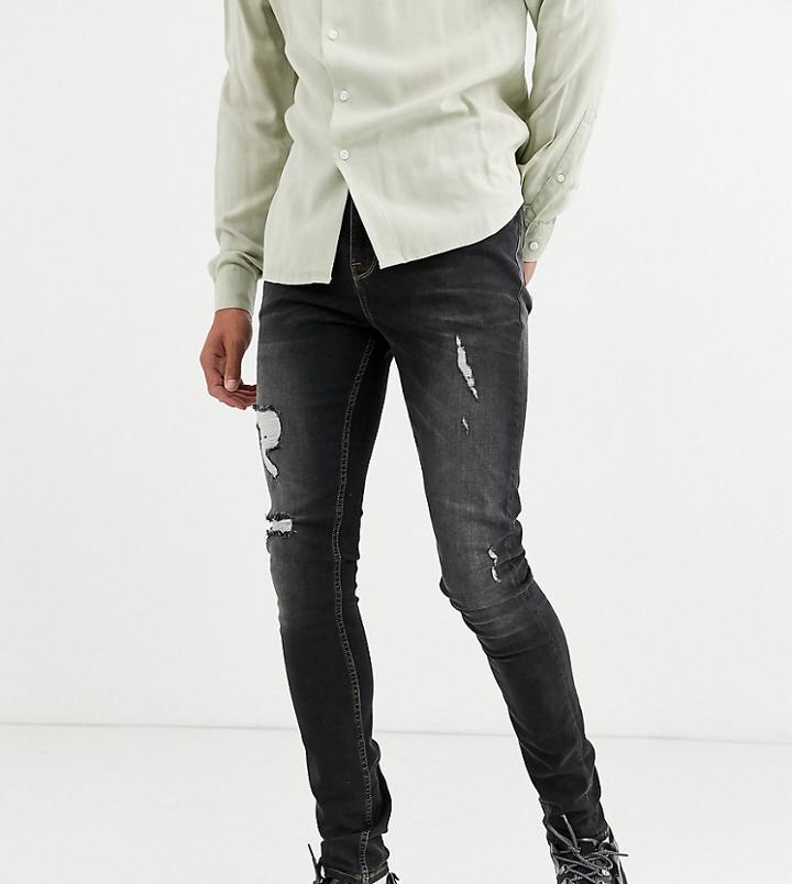 Asos Design Tall Super Skinny Jeans In Vintage Washed Black With Rips