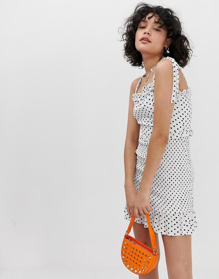 Wild Honey Tie Shoulder Shirred Mini Dress In Spot - White