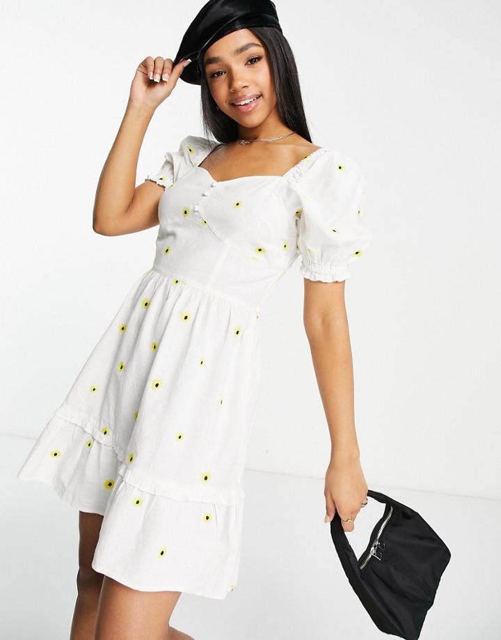 Miss Selfridge Embroidered Cotton Flax Fit And Flare Mini Dress In Ivory-white