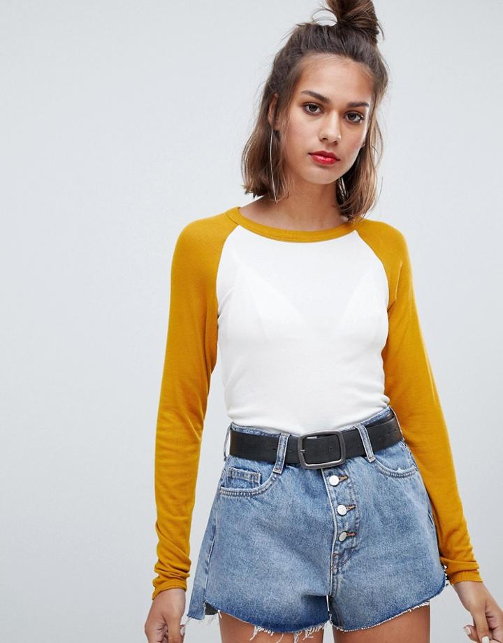 Pull & Bear Long Sleeved Ribbed Raglan Top - Yellow