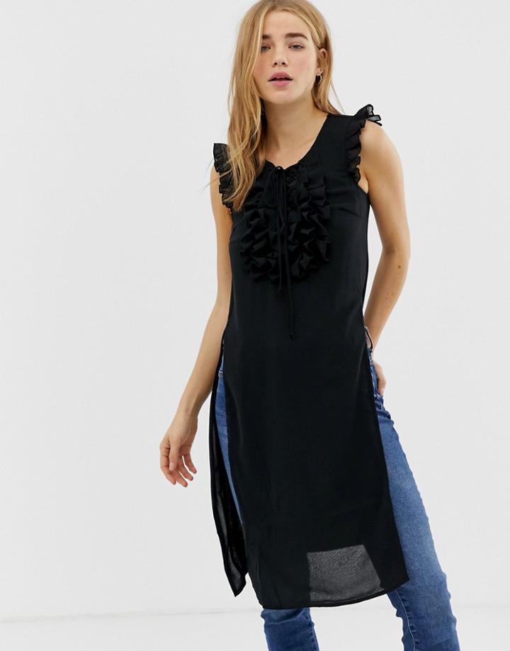 Qed London Long Tunic Top With Frill Detail - Black