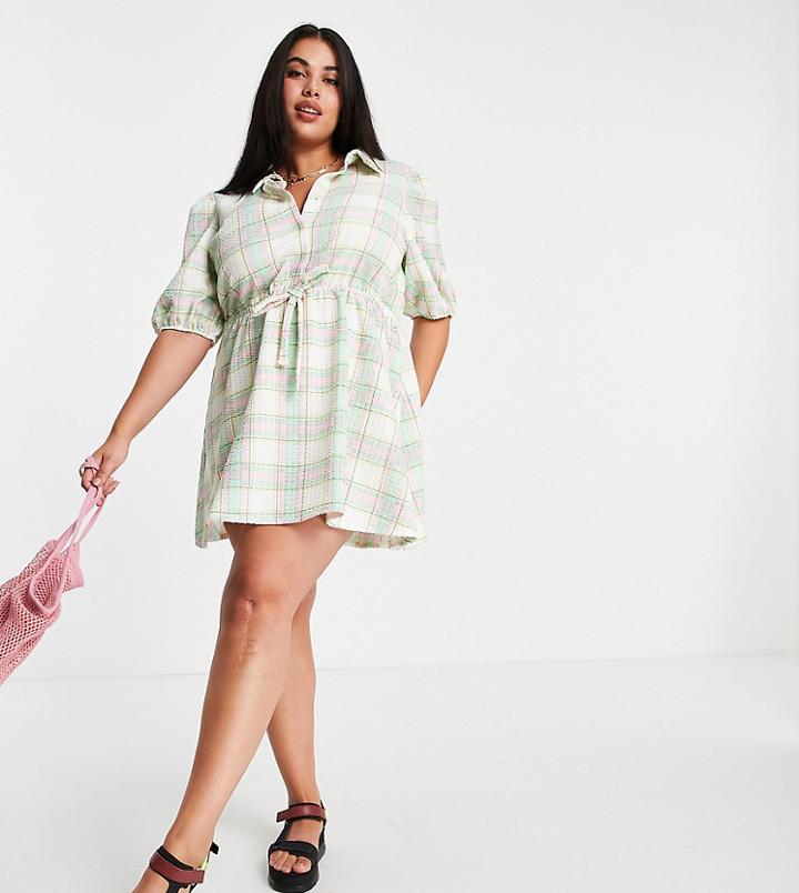 Asos Design Curve Mini Shirt Dress With Puff Sleeves In Pastel Check-multi