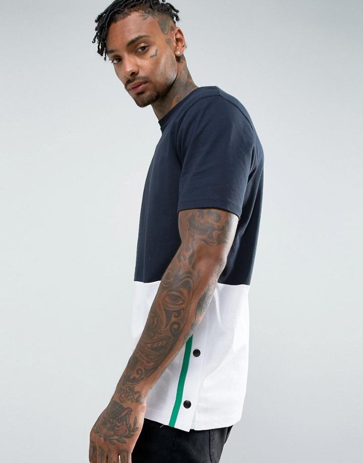 Asos Longline T-shirt With Side Popper Panel Detail & Number Back Print - Navy