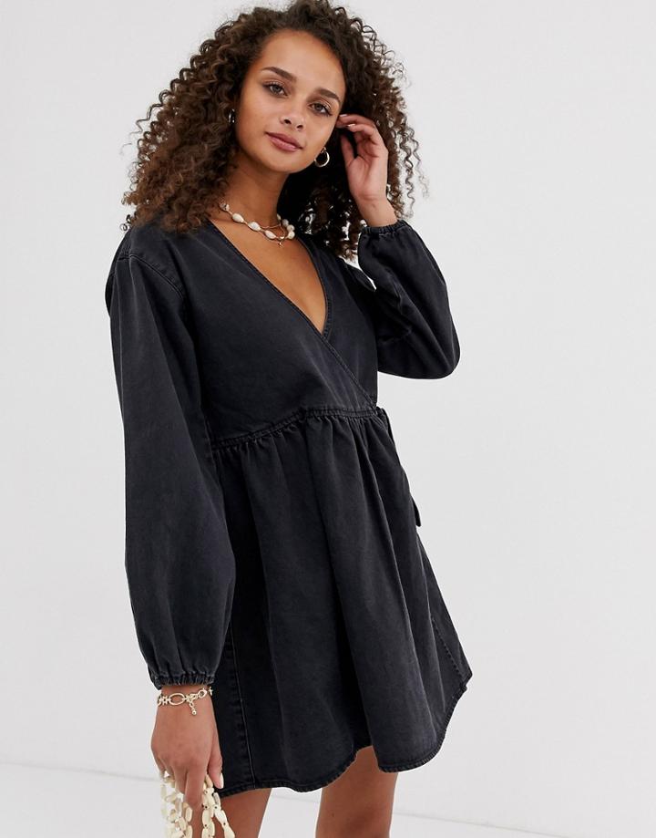 Asos Design Denim Wrap Smock Mini Dress In Black