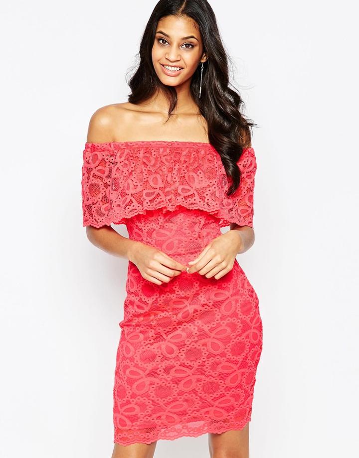 Jessica Wright Jen Off Shoulder Lace Bardot Dress - Coral