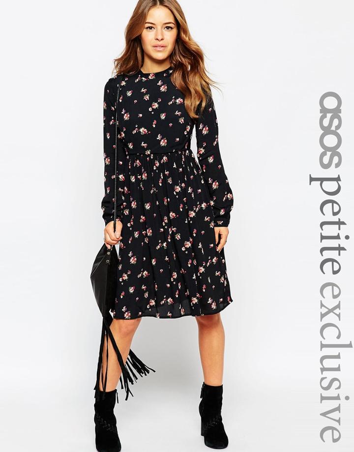 Asos Petite Midi Dress With Lace Up Back In Floral Print - Floral