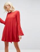 Asos Mini Swing Dress With Seam Detail And Trumpet Sleeve - Red