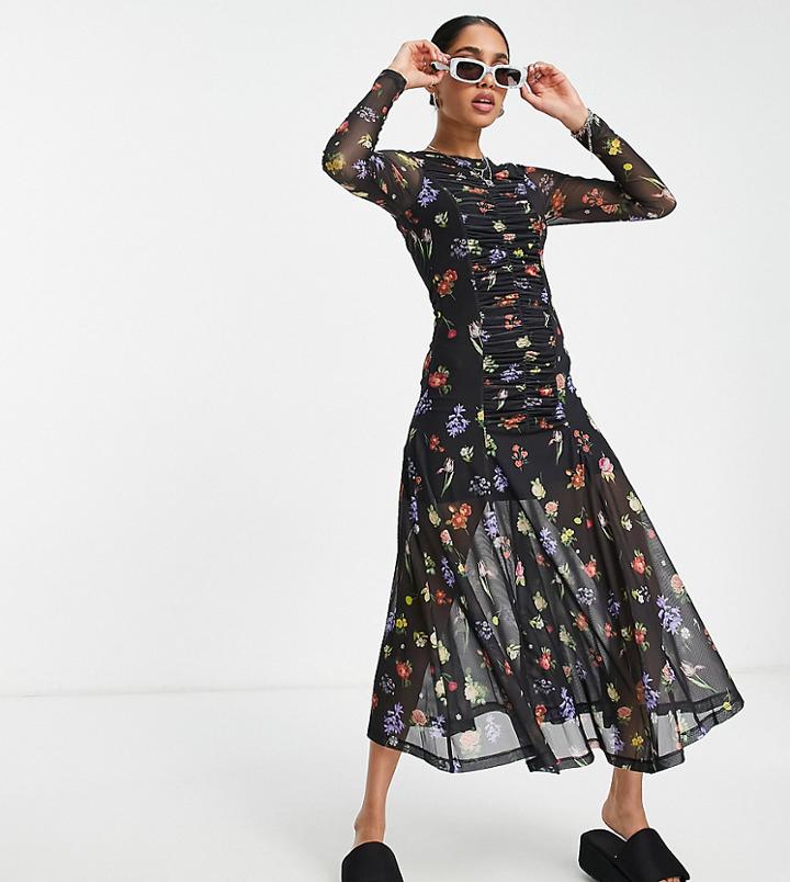 Topshop Petite Ruched Front Floral Mesh Midi Dress-multi