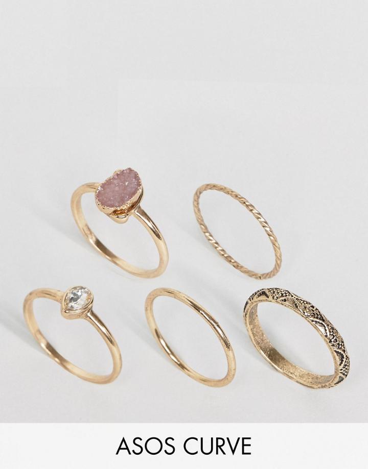 Asos Curve Pack Of 5 Stone Etched Ring Pack - Gold