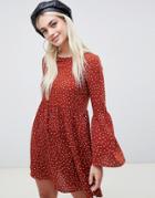 Asos Design Fluted Sleeve Smock Mini Dress In Polka Dot - Multi