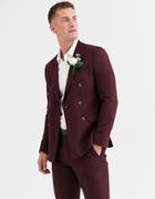 Asos Design Wedding Skinny Double Breasted Suit Jacket In Micro Texture In Burgundy-red